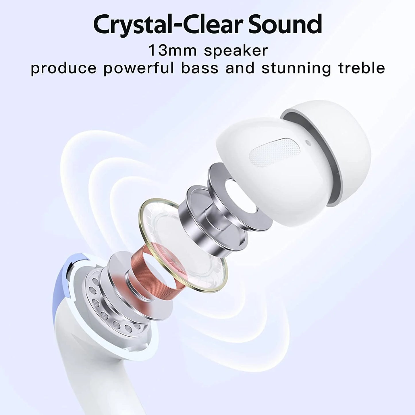 True Wireless Bluetooth Earbuds with 60 Hours Playback, LED Power Display, IPX5 Waterproof, Wireless Charging Case, and Built-in Microphone for TV, Smartphone, Laptop, and Sports