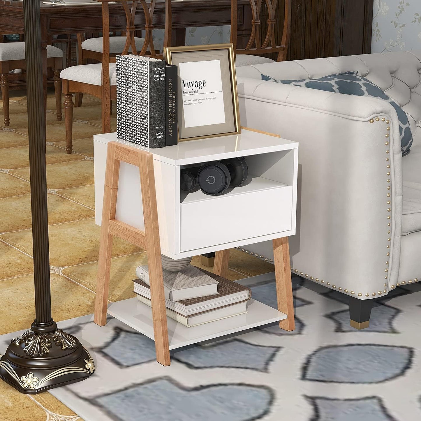 White Nightstand Set of 2 with Drawer Storage Shelves for Bedroom, Living Room, and Office