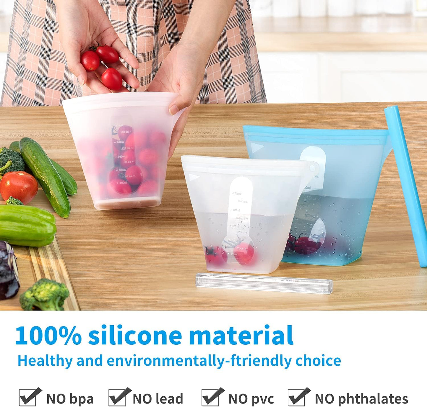 Reusable Silicone Food Storage Bags,Stand up Leakproof Zip Containers,Reusable Sandwich Bags,Non-Toxic,Bpa Free, Dishwasher Safe,Freezer-Safe,Easy to Clean(Set of 5)