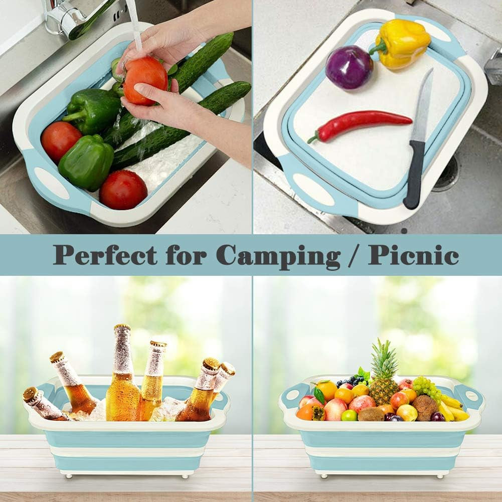 Collapsible Cutting Board and Colander Set - Multifunctional Silicone Kitchen Vegetable Washing Basket for BBQ, Picnic, and Camping (Light Blue)