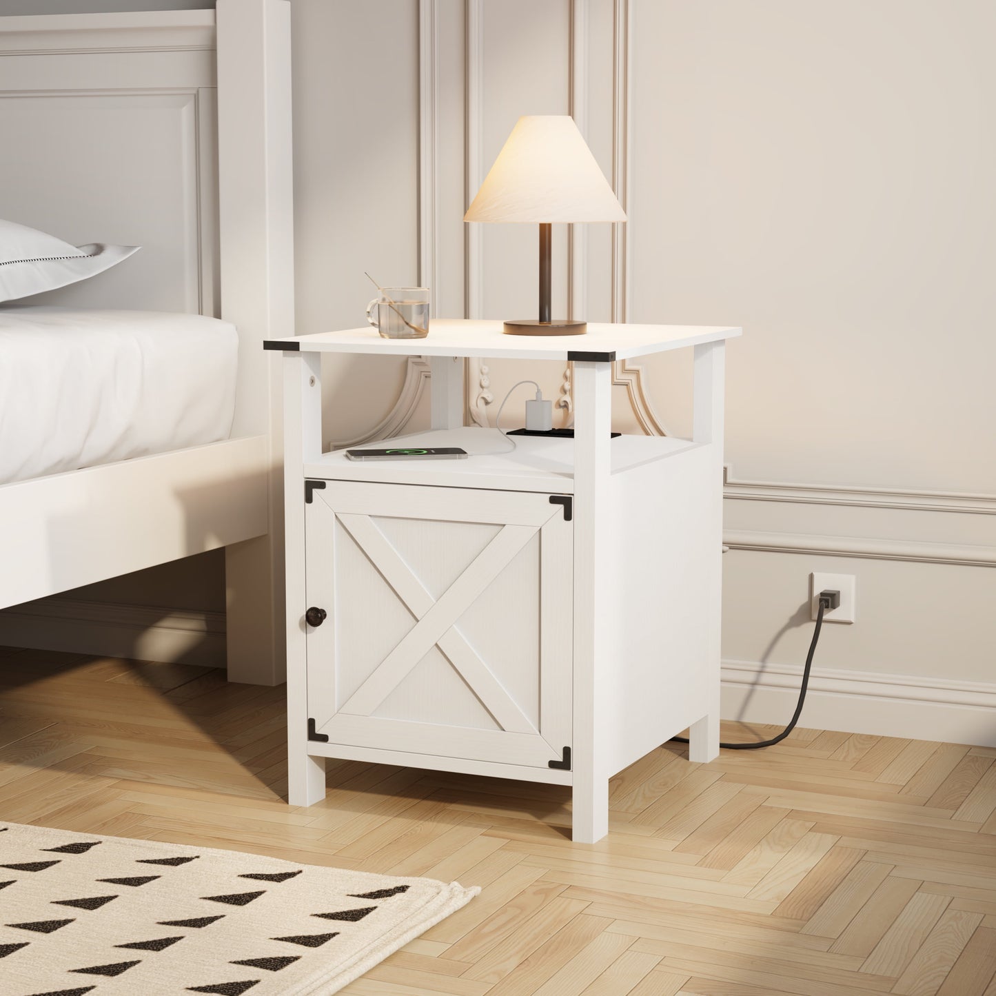 Set of 2 White Farmhouse Nightstands for Bedroom Furniture