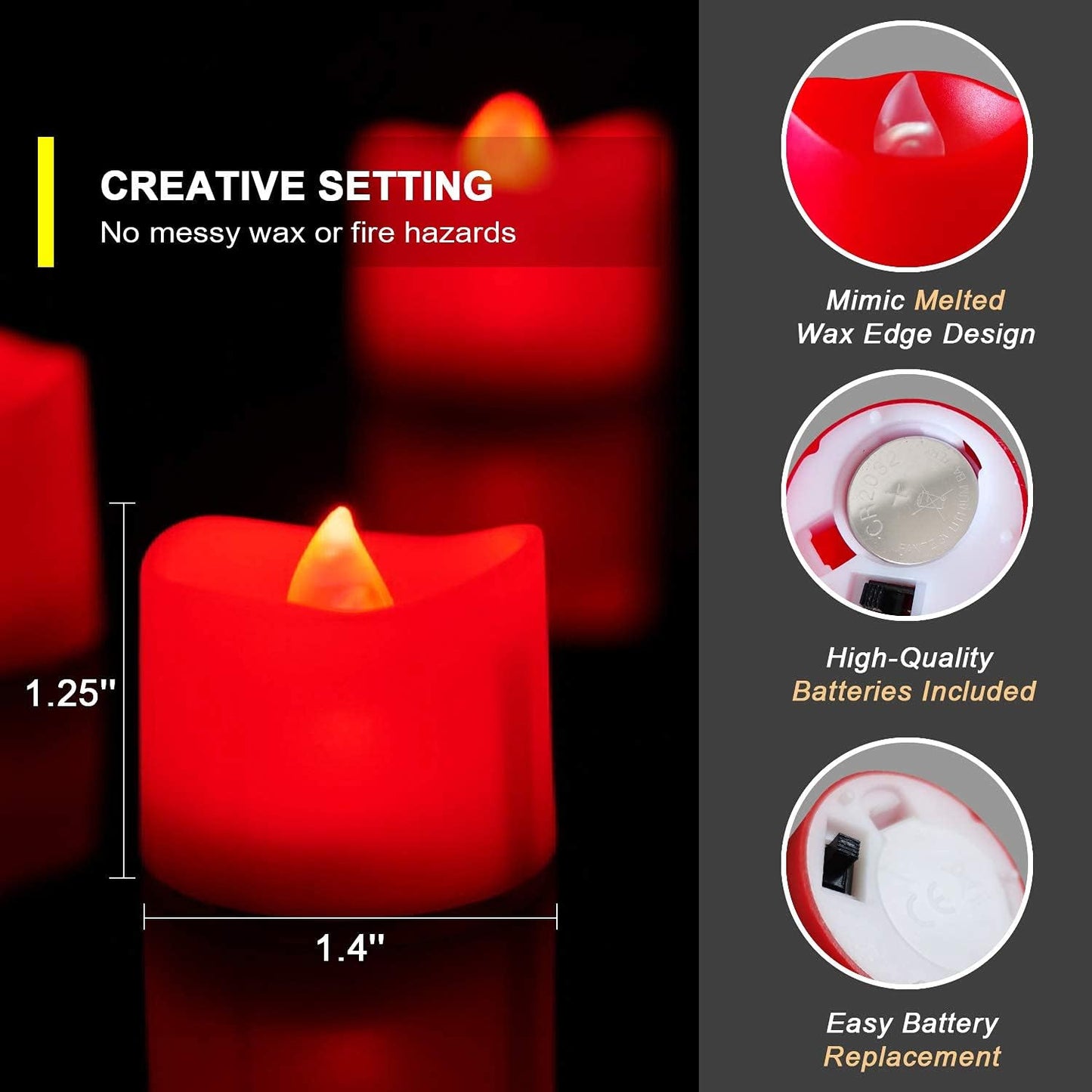 Red Battery-Operated Tea Light Candles, 200+ Hour Flameless Flickering LED Tealights for Events and Celebrations, 24-Pack