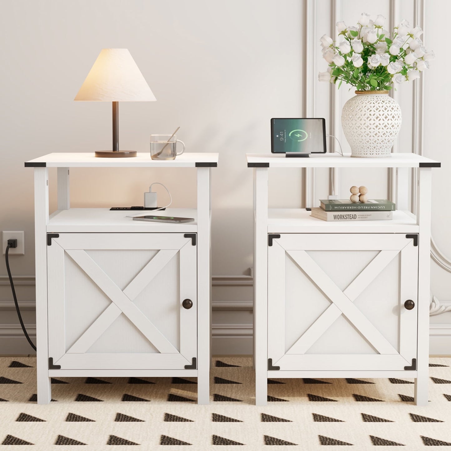 Set of 2 White Farmhouse Nightstands for Bedroom Furniture