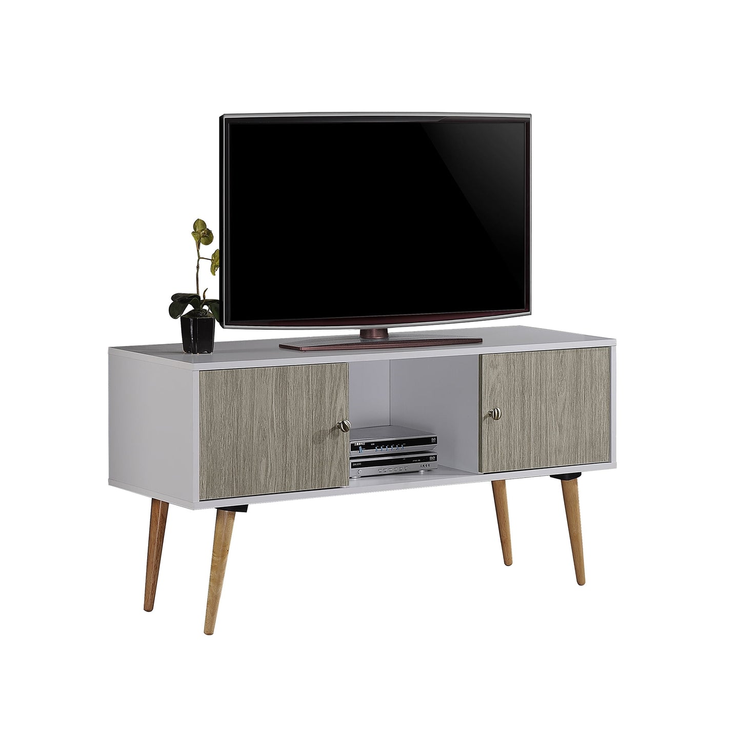Import HITV435 Retro TV Stand with Storage Cabinets in White and Gray