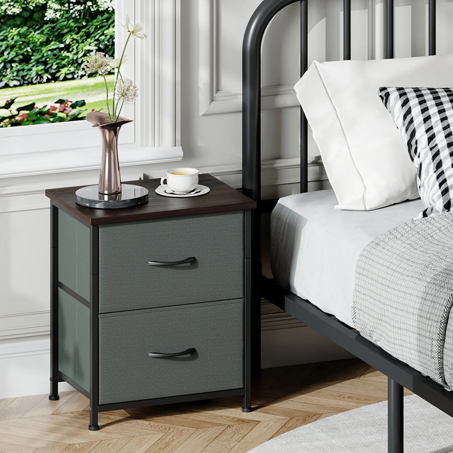 Charcoal Grey Nightstands - Set of 2 Small Bedside Tables for Bedroom and Closet