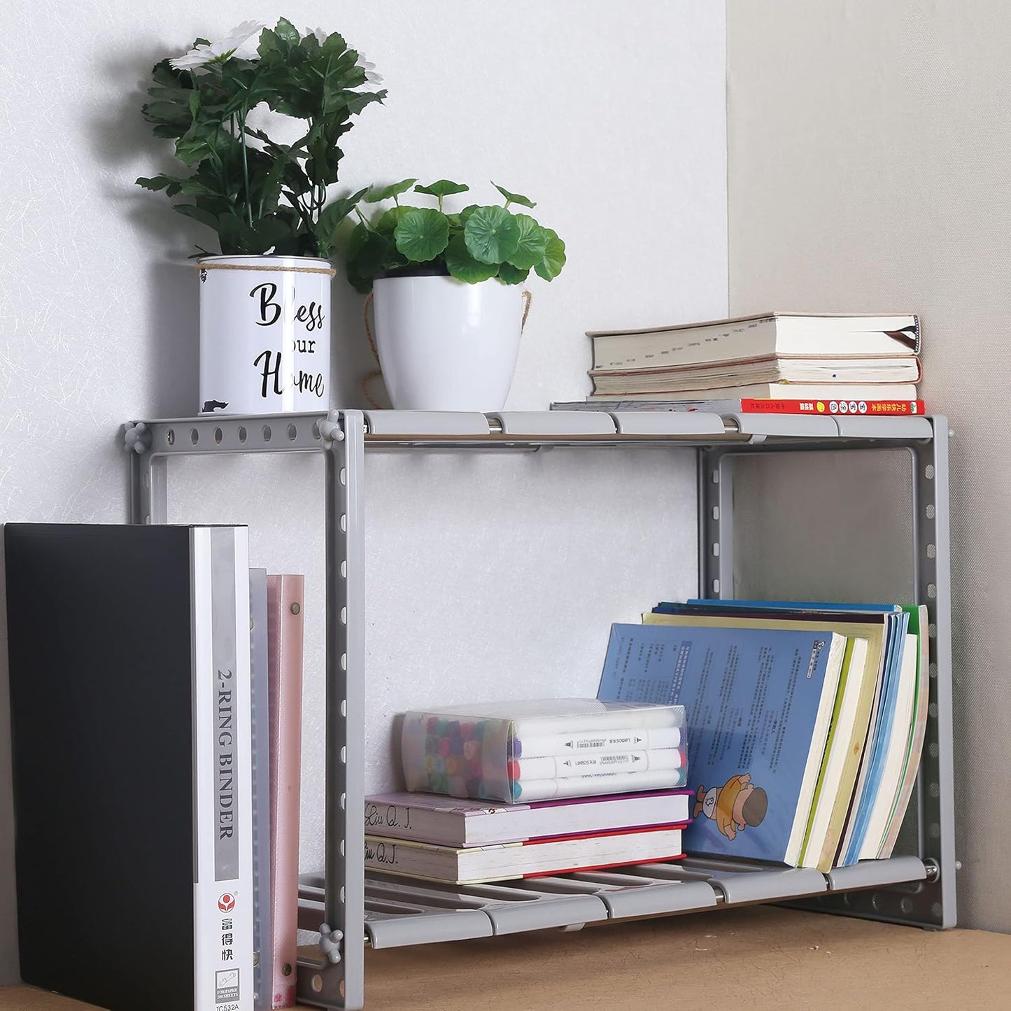 under Sink Expandable Shelf Organizer Rack, 2-Tier Adjustable Storage Shelves(Expands 15-3/8 to 26Inches, Grey)