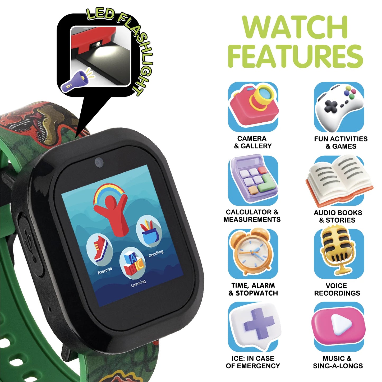 Children's Smartwatch with Bluetooth Headphones featuring Dinosaur Design and Illuminating Effects