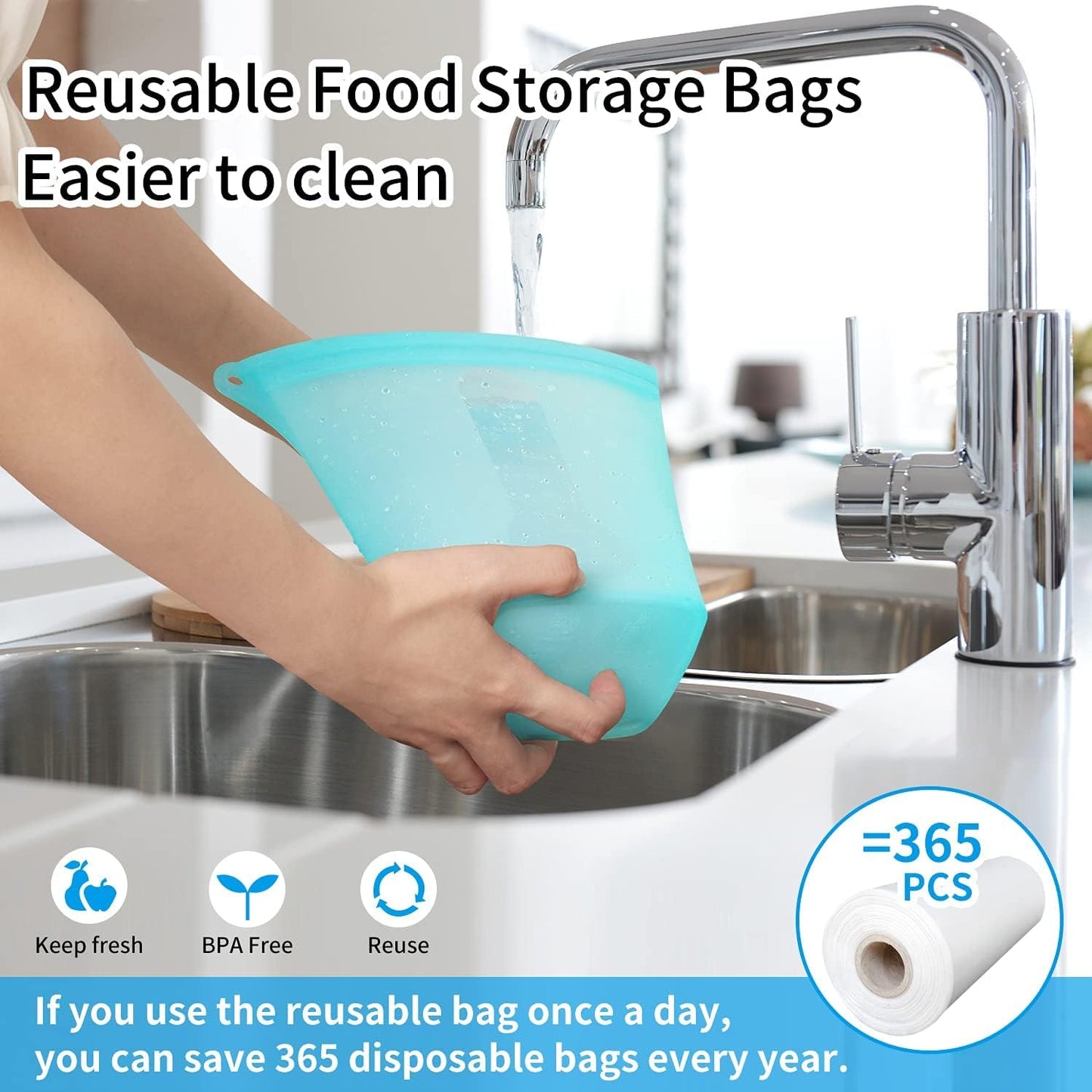 Reusable Silicone Food Storage Bags,Stand up Leakproof Zip Containers,Reusable Sandwich Bags,Non-Toxic,Bpa Free, Dishwasher Safe,Freezer-Safe,Easy to Clean(Set of 5)