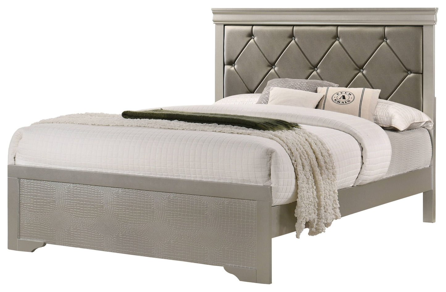 6-Piece Silver Finish King Size Upholstered Bed Set with Dresser, Mirror, Nightstand, and Chest - Wooden Bedroom Furniture