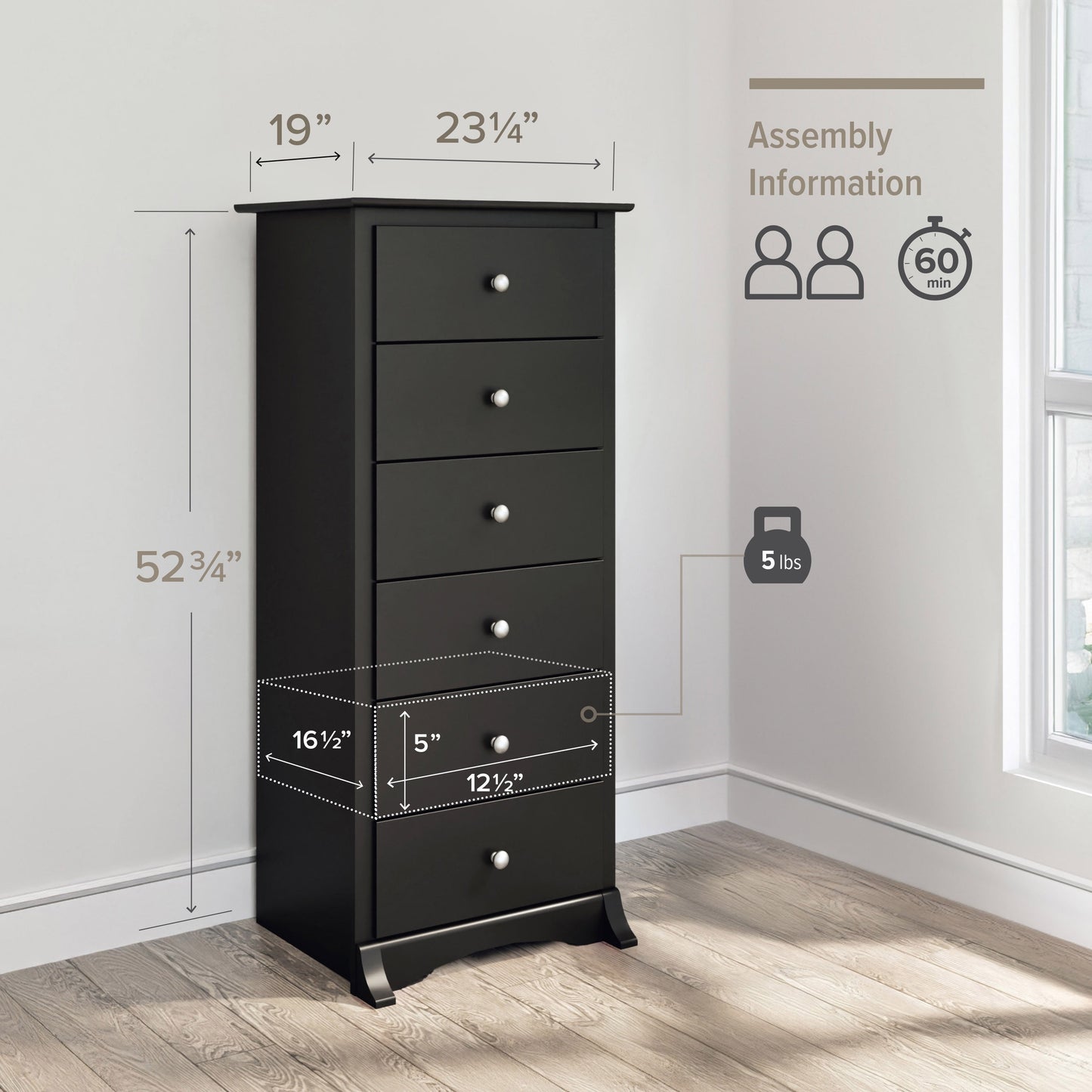 Sonoma 6-Drawer Wooden Dresser Chest, 19" x 23.25" x 52.75", Black Finish