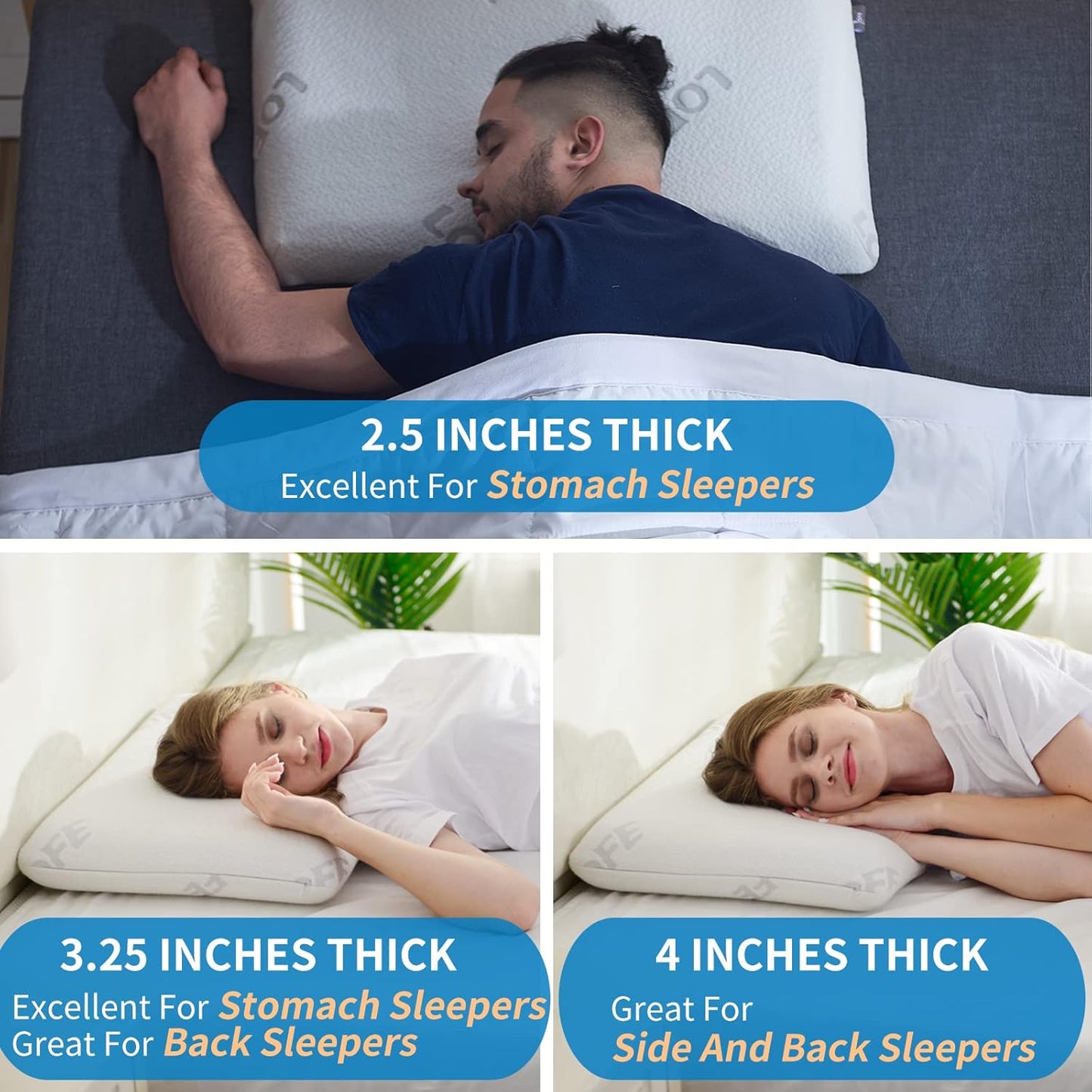 2.5-Inch Thin Memory Foam Pillow for Stomach Sleepers - King Size Hypoallergenic Flat Pillow with Dual Pillowcases for Enhanced Spinal Support and Breathing Comfort