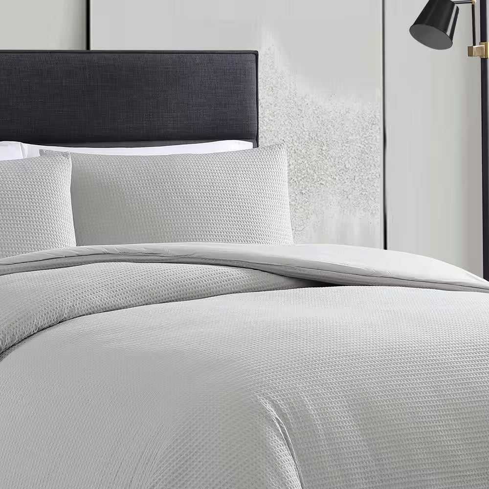 Waffle Pique 3-Piece Grey Solid Cotton Queen Comforter Set
