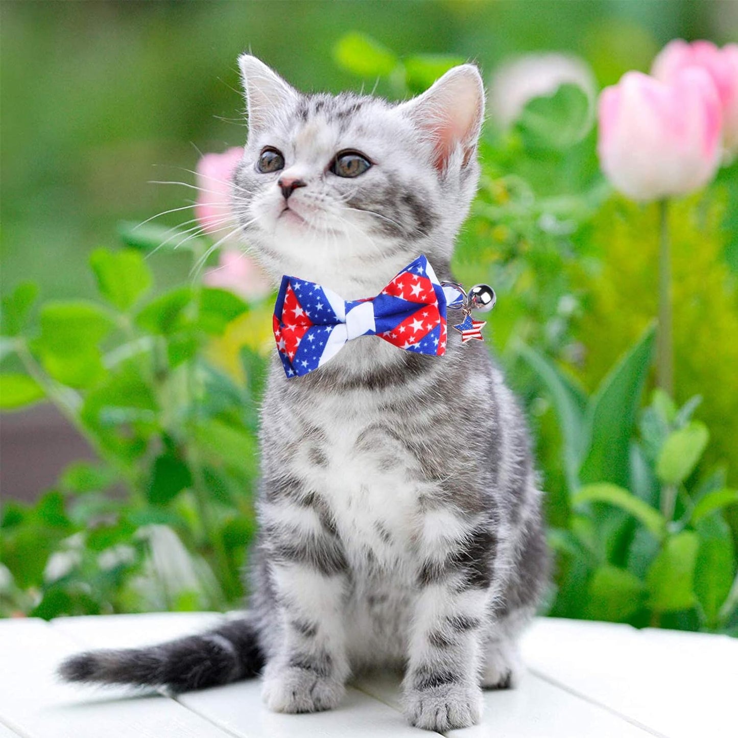 2 Pack 4Th of July Cat Collars with Bow Tie Bell, Breakaway Adjustable Red White and Blue USA Flag Star Cat Kitten Collars with Bowtie Bell for Cats Kittens (USA Flag & Star)