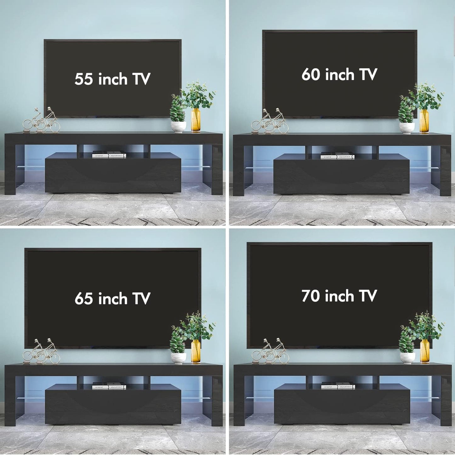 High Gloss Black TV Stand with 2 Storage Compartments and 3 Open Shelves for 50 to 70 Inch TVs - Modern Entertainment Center and Media Console