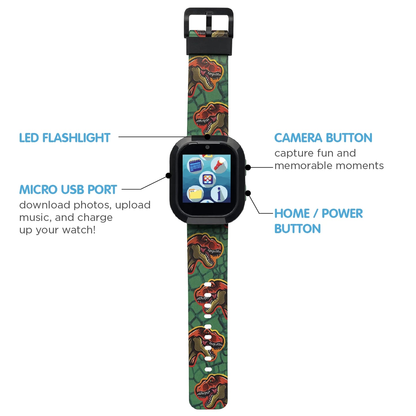 Children's Smartwatch with Bluetooth Headphones featuring Dinosaur Design and Illuminating Effects