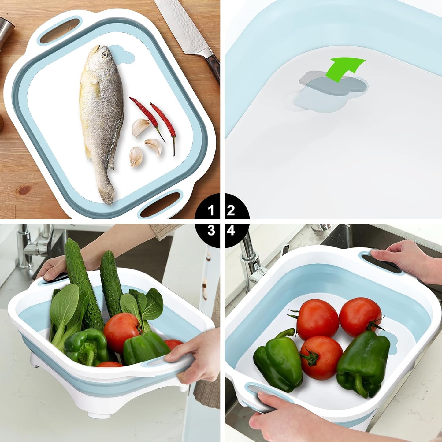 Collapsible Cutting Board and Knife Set by - Multifunctional Silicone Dish Tub for Vegetable Washing, BBQ Preparation, and RV Accessories
