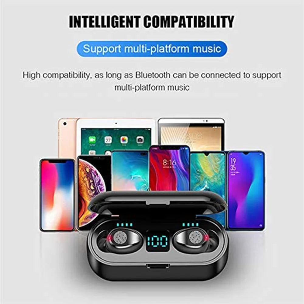 Bluetooth 5.0 True Wireless Earbuds with Smart LED Display Charging Case, Touch Control, Built-in Microphone, 120 Hours Playtime, Noise Cancelling Headset for Sports