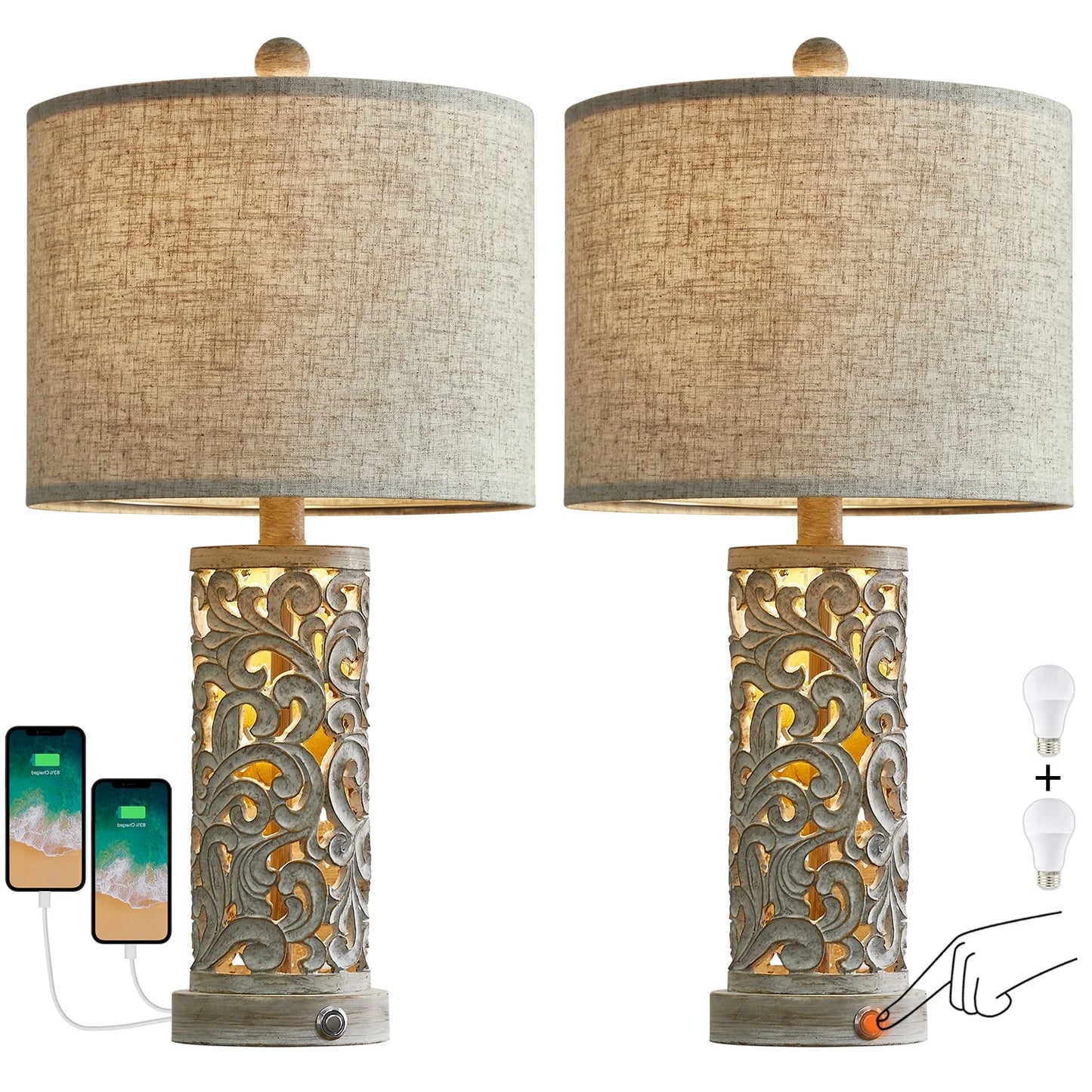 Set of 2 Dimmable 22" Farmhouse Touch Table Lamps with USB Ports for Living Room and Bedroom (Bulbs Included)
