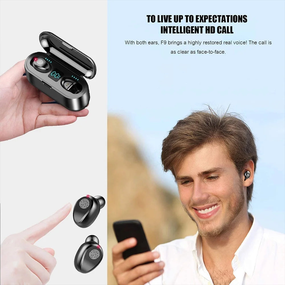 Bluetooth 5.0 True Wireless Earbuds with Smart LED Display Charging Case, Touch Control, Built-in Microphone, 120 Hours Playtime, Noise Cancelling Headset for Sports