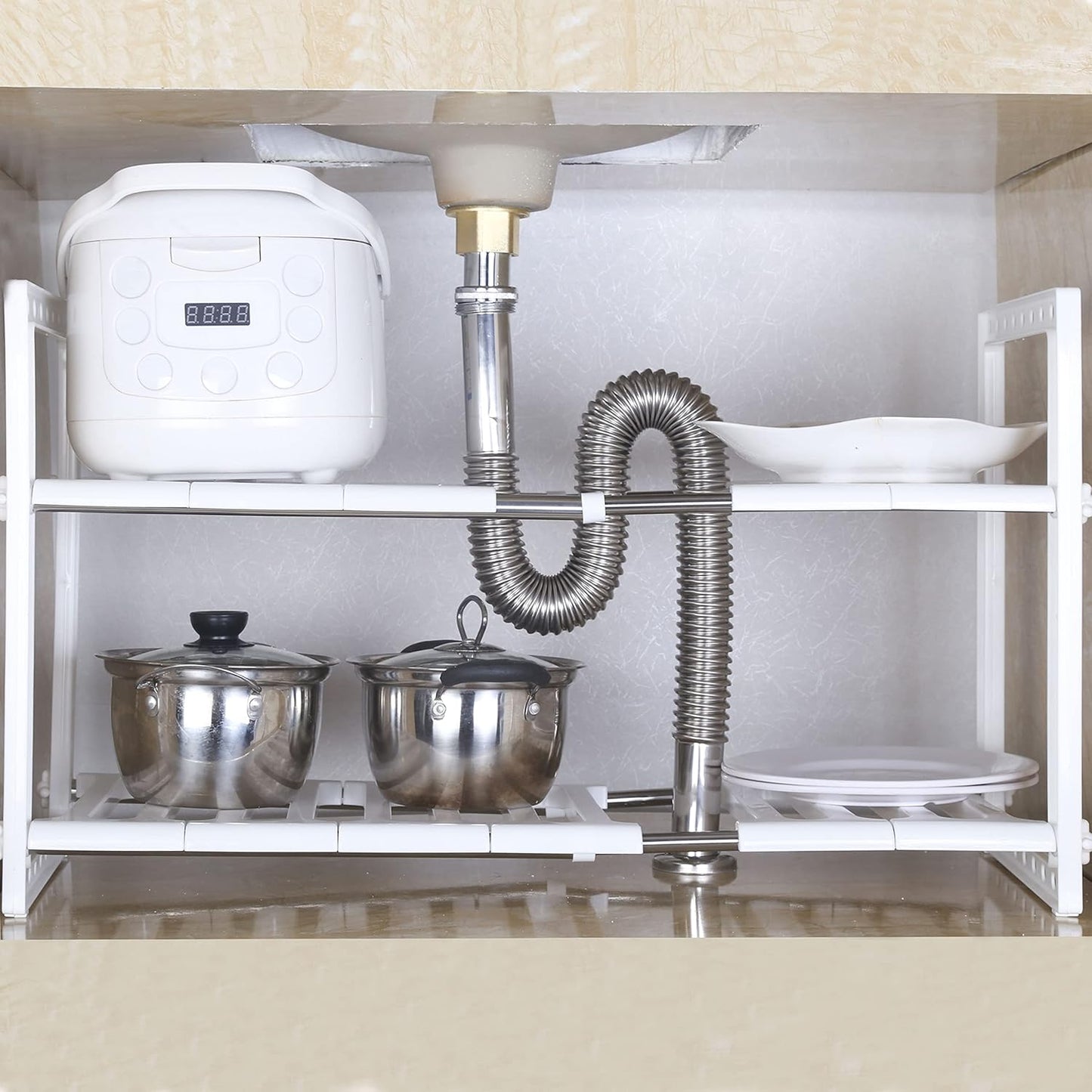 under Sink Expandable Shelf Organizer Rack, 2-Tier Adjustable Storage Shelves(Expands 15-3/8 to 26Inches, Grey)