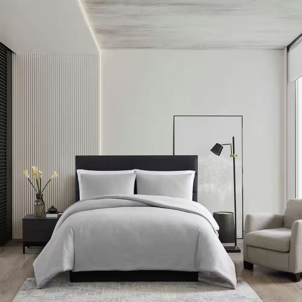 Waffle Pique 3-Piece Grey Solid Cotton Queen Comforter Set
