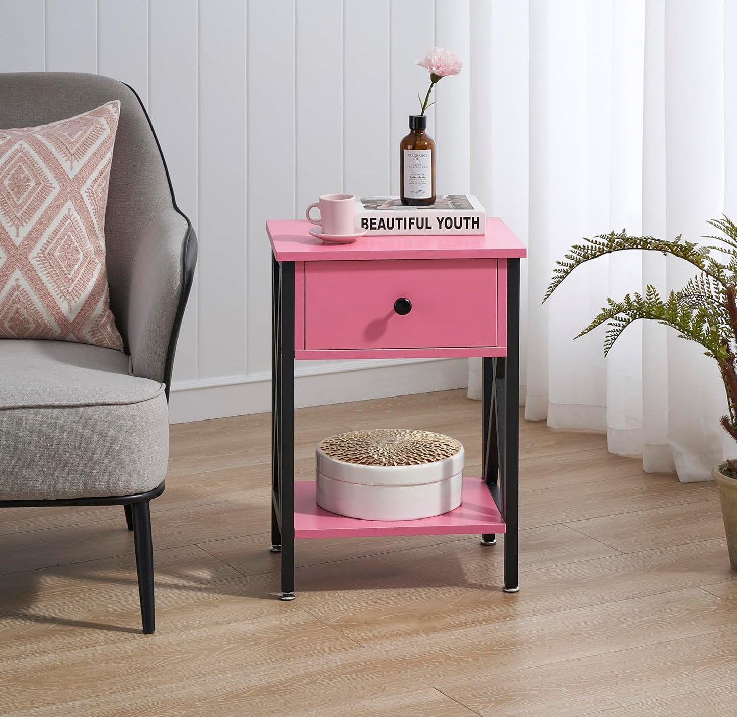 X-Design Nightstands with Drawer and Storage Shelf, Classic Pink, Set of 2 for Living Room and Bedroom