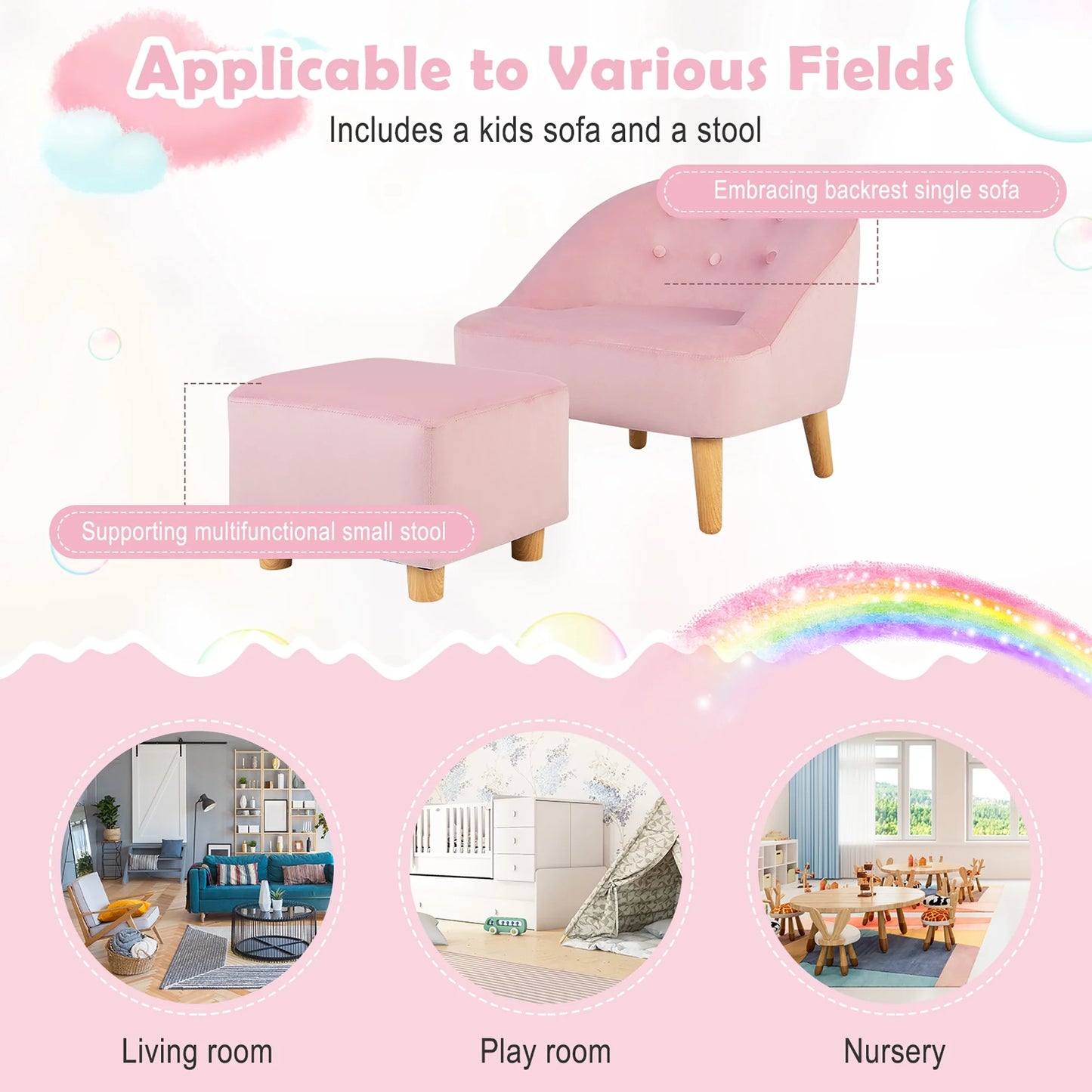 Kids Sofa Chair W/ Ottoman Velvet Upholstered Couch