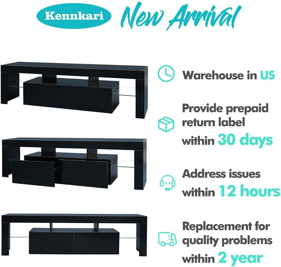 High Gloss Black TV Stand with 2 Storage Compartments and 3 Open Shelves for 50 to 70 Inch TVs - Modern Entertainment Center and Media Console