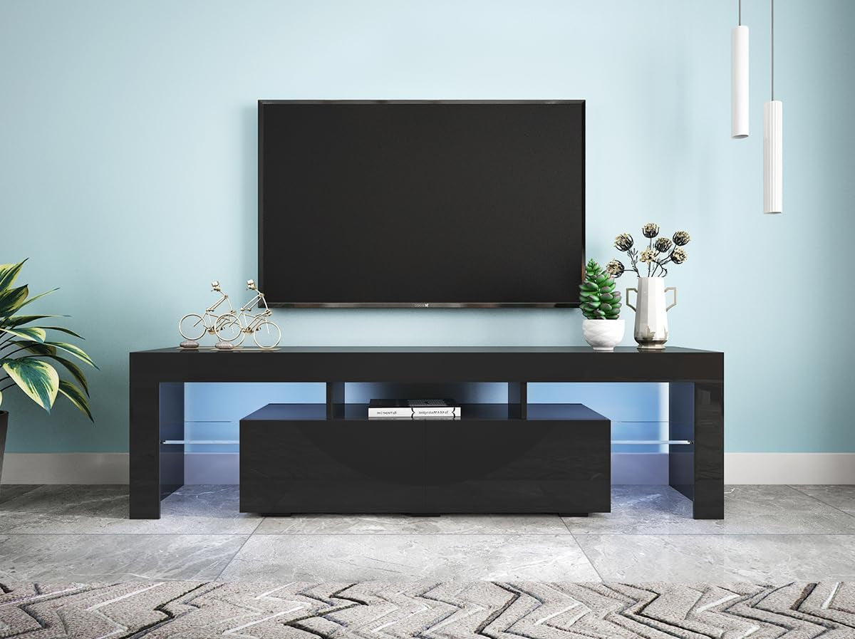 High Gloss Black TV Stand with 2 Storage Compartments and 3 Open Shelves for 50 to 70 Inch TVs - Modern Entertainment Center and Media Console