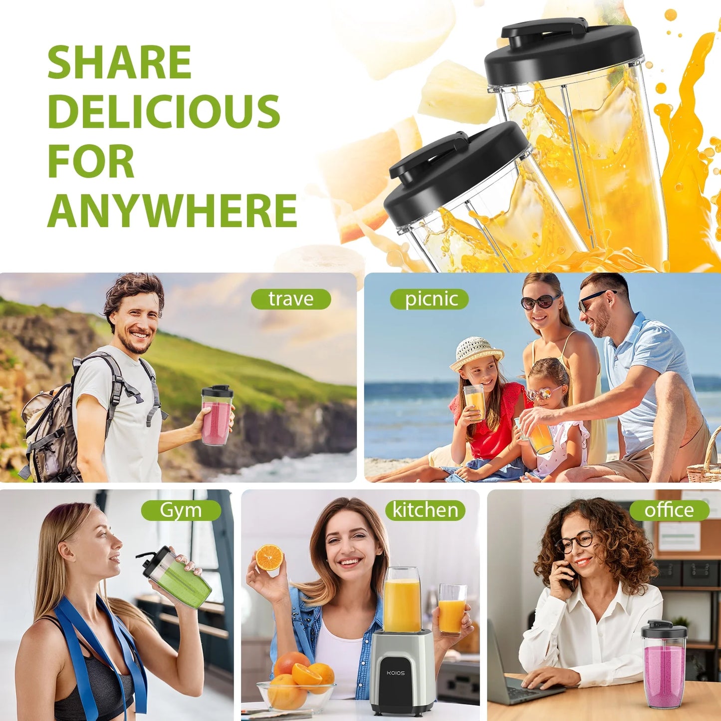 900W Professional Blender for Smoothies and Shakes with 2 Travel Cups and 1 Grinding Cup, Ideal for Ice Crushing and Frozen Beverages, BPA-Free