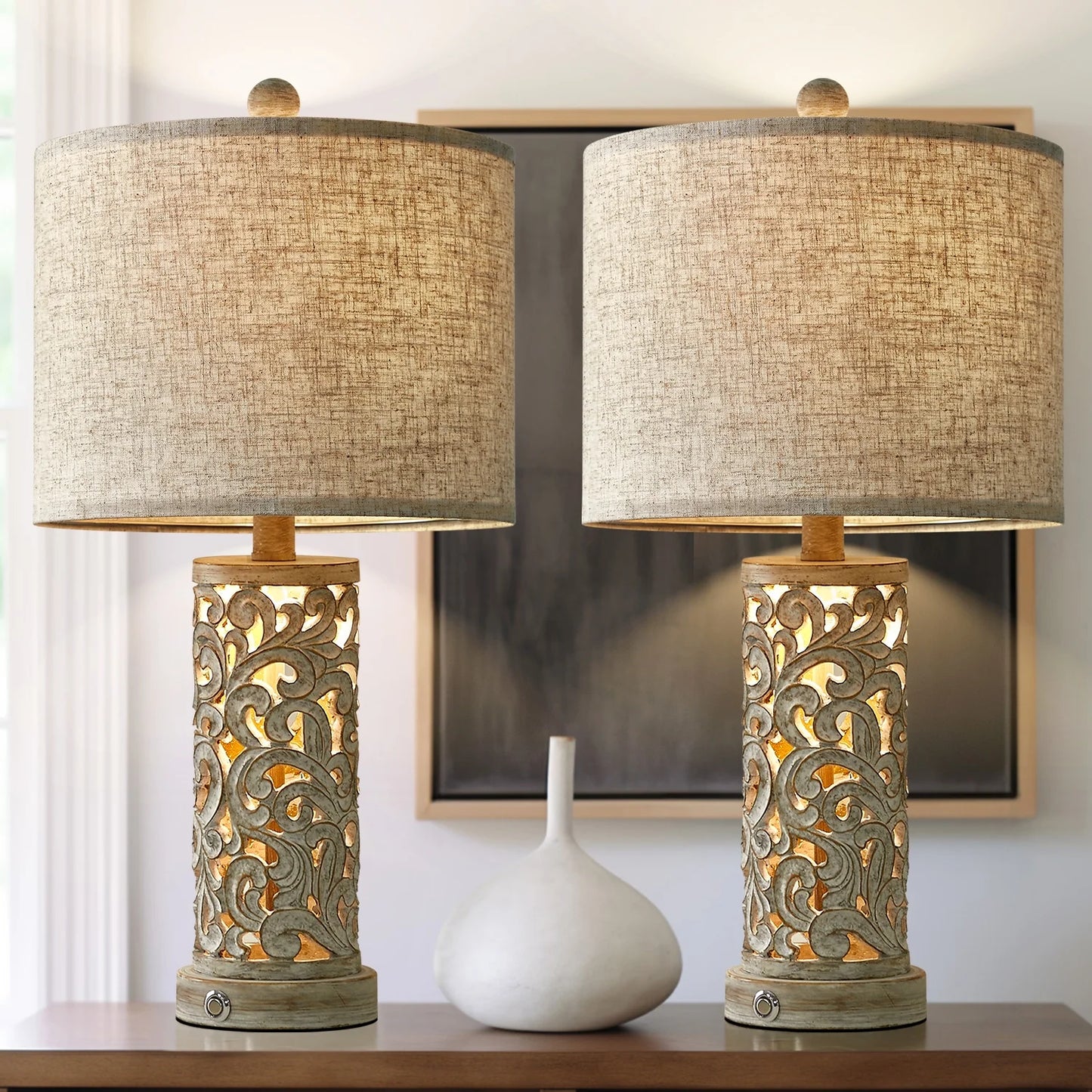 Set of 2 Dimmable 22" Farmhouse Touch Table Lamps with USB Ports for Living Room and Bedroom (Bulbs Included)