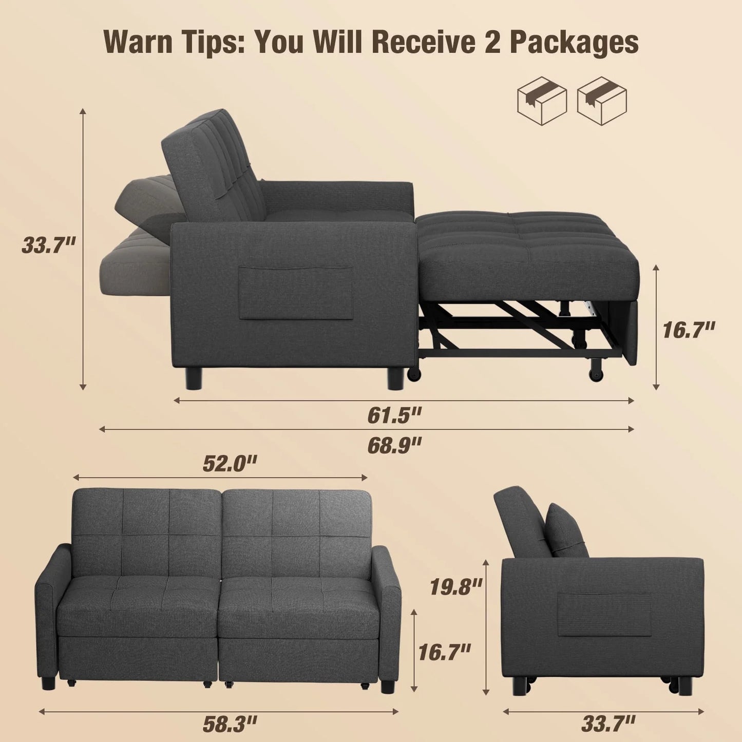 Small Space Convertible Sleeper Sofa Couch for Home Furniture