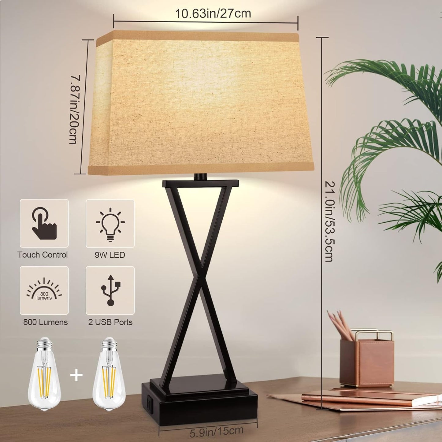 Touch Control Table Lamps Set of 2 - 3-Way Dimmable Bedside Lamps with USB Ports and AC Outlet for Bedroom and Living Room, Deep Brown Farmhouse Style Desk Lamps for Reading and Study
