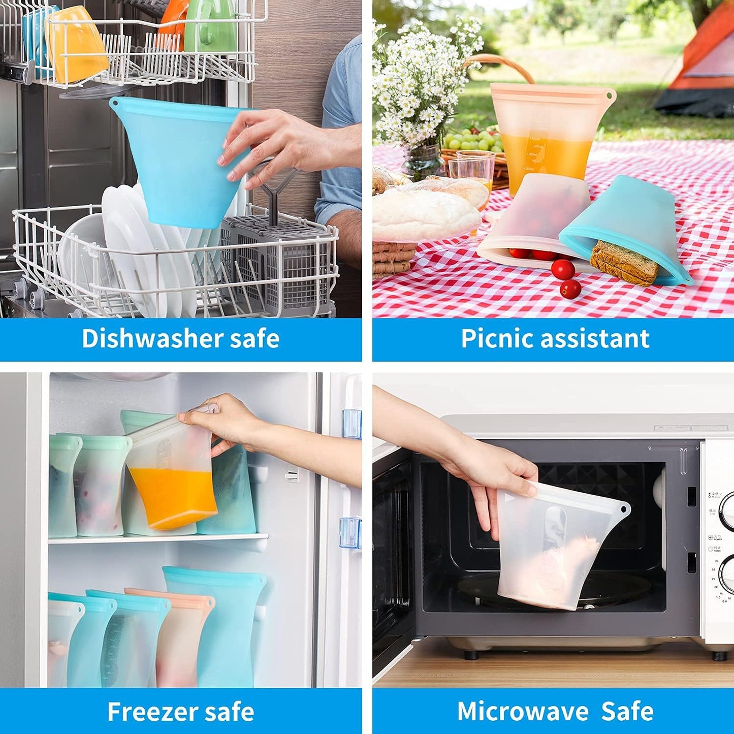 Reusable Silicone Food Storage Bags,Stand up Leakproof Zip Containers,Reusable Sandwich Bags,Non-Toxic,Bpa Free, Dishwasher Safe,Freezer-Safe,Easy to Clean(Set of 5)