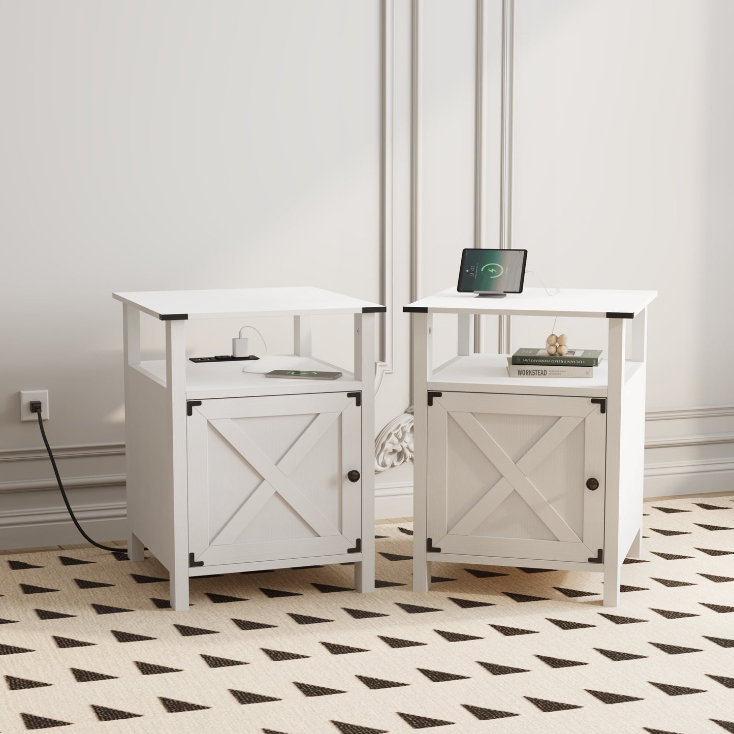 Set of 2 White Farmhouse Nightstands for Bedroom Furniture