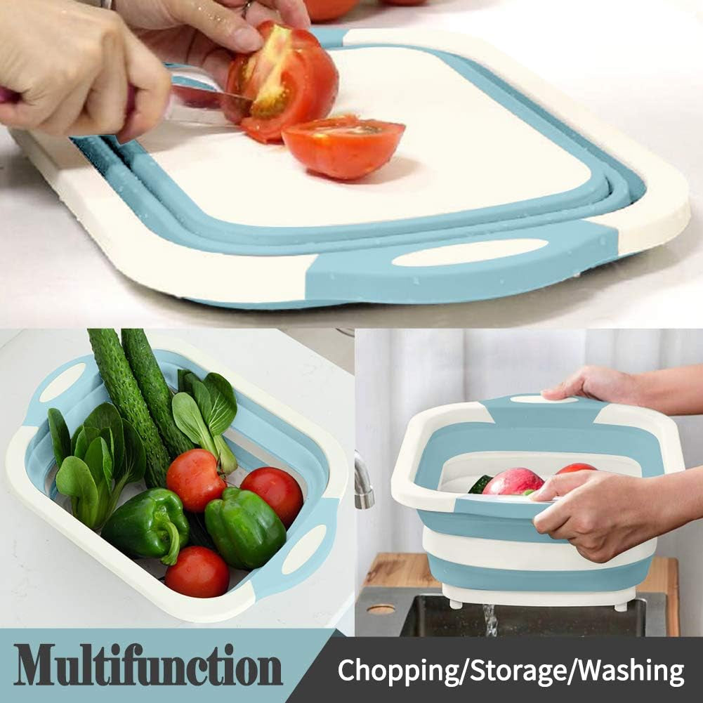 Collapsible Cutting Board and Colander Set - Multifunctional Silicone Kitchen Vegetable Washing Basket for BBQ, Picnic, and Camping (Light Blue)