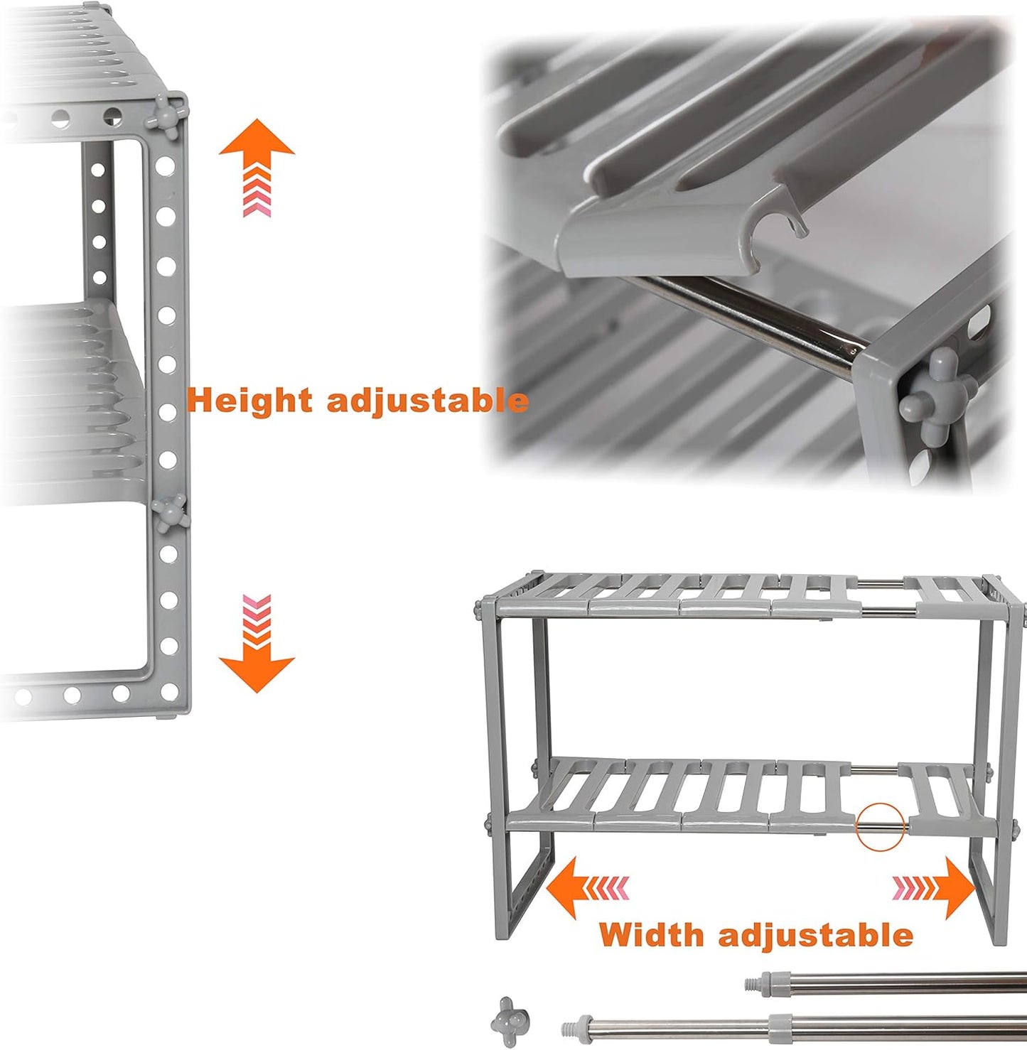 under Sink Expandable Shelf Organizer Rack, 2-Tier Adjustable Storage Shelves(Expands 15-3/8 to 26Inches, Grey)