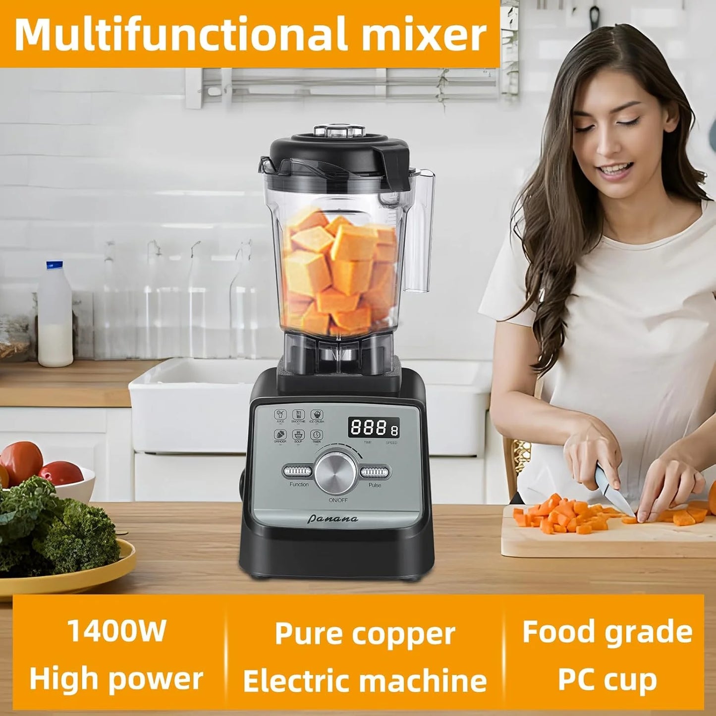 Professional Countertop Blender with 1400W Motor, 68Oz Capacity for Smoothies, Frozen Drinks, and Ice Crushing