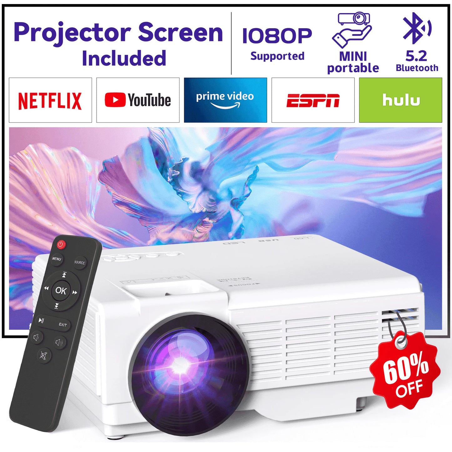 Mini Projector with Bluetooth 5.2 and Screen, 1080P HD Movie Projection, Supports Up to 200" Screen