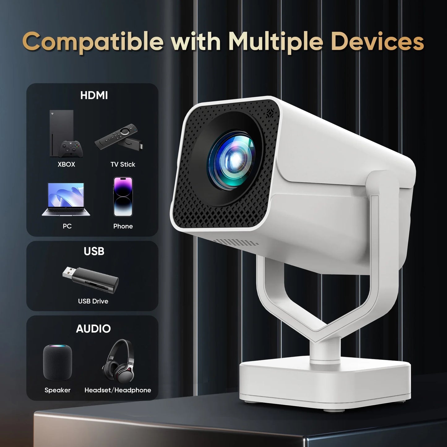 Mini Projector with Built-In Apps, WiFi and Bluetooth Connectivity, HD 1080P Video, and Android Operating System