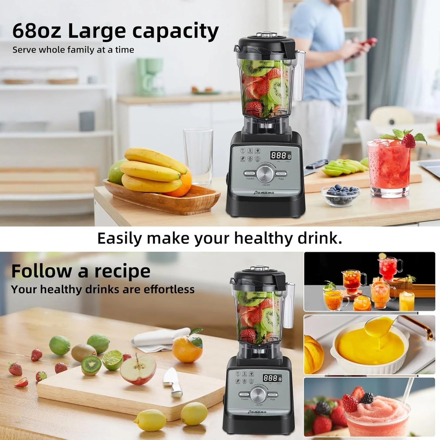 Professional Countertop Blender with 1400W Motor, 68Oz Capacity for Smoothies, Frozen Drinks, and Ice Crushing