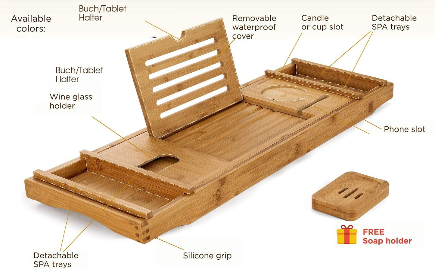 Bamboo Bathtub Caddy Tray Durable, Non-Slip, One or Two Person Bath and Bed Tray, Extending Sides Fits Any Tub, Cellphone and Wineglass Holder, Free Soap Holder -Yellow