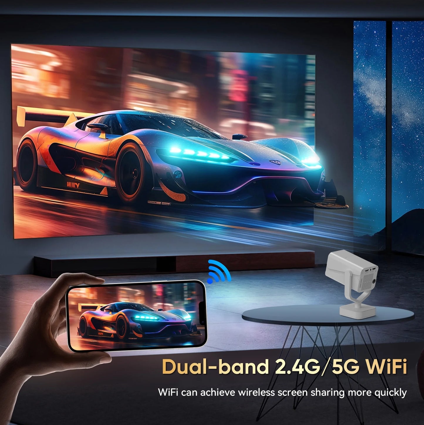 Mini Projector with Built-In Apps, WiFi and Bluetooth Connectivity, HD 1080P Video, and Android Operating System