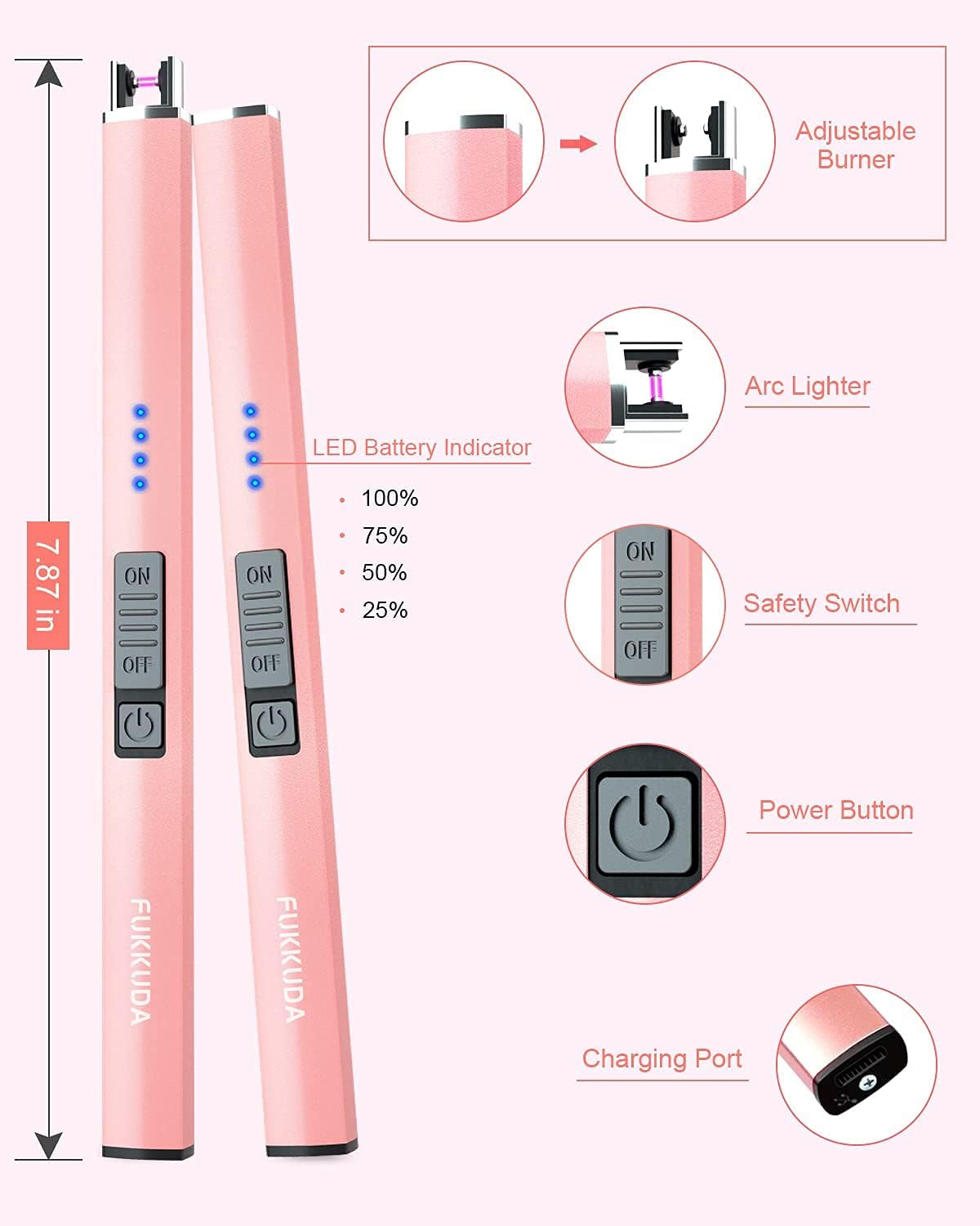 Electric Candle Lighter with Safety Switch - USB Rechargeable Windproof Flameless Plasma Arc Lighter in Rose Gold for Easter Gifts