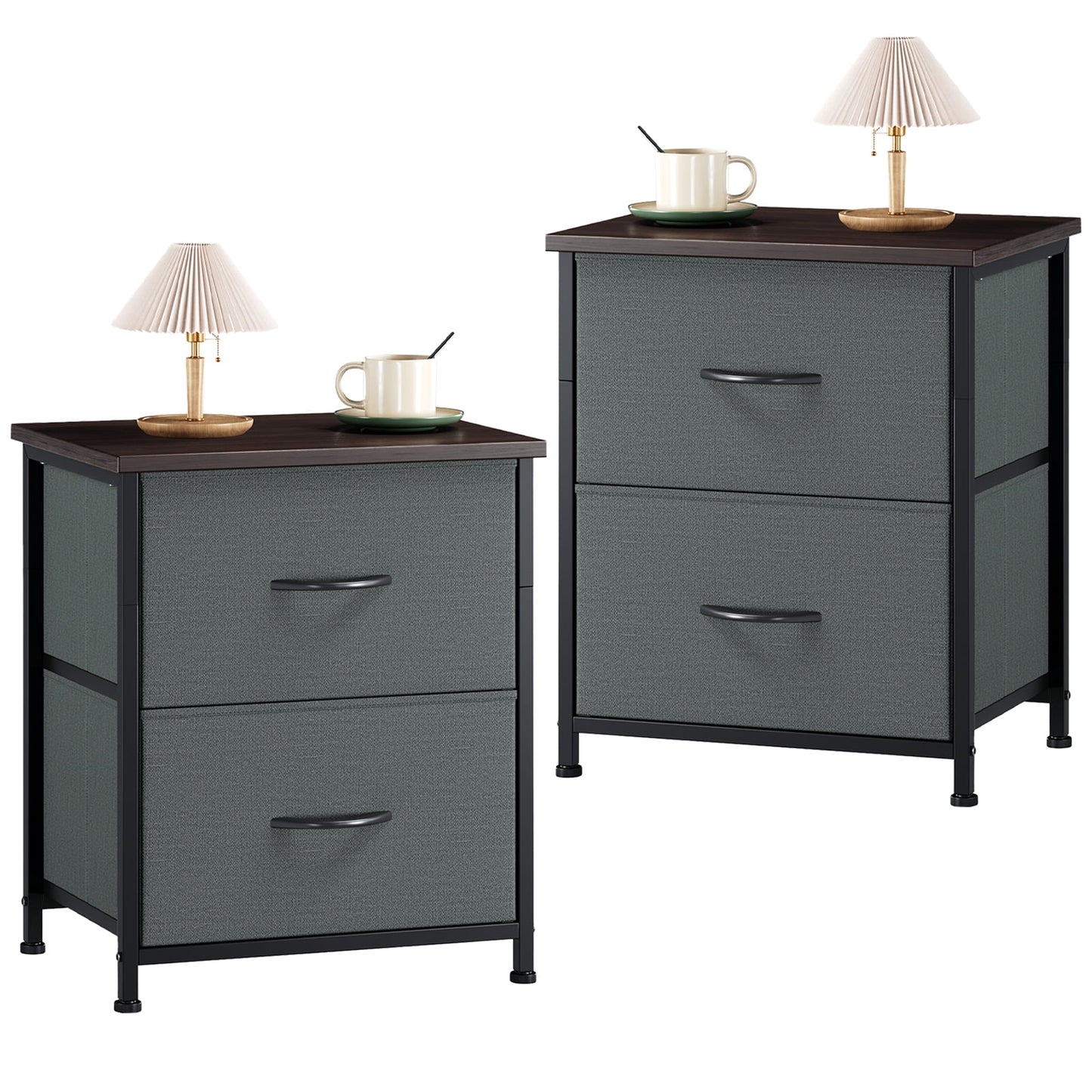 Charcoal Grey Nightstands - Set of 2 Small Bedside Tables for Bedroom and Closet