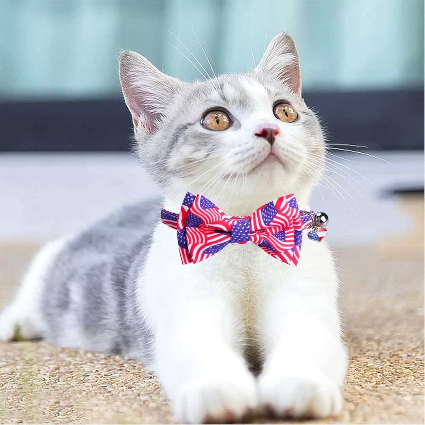 2 Pack 4Th of July Cat Collars with Bow Tie Bell, Breakaway Adjustable Red White and Blue USA Flag Star Cat Kitten Collars with Bowtie Bell for Cats Kittens (USA Flag & Star)