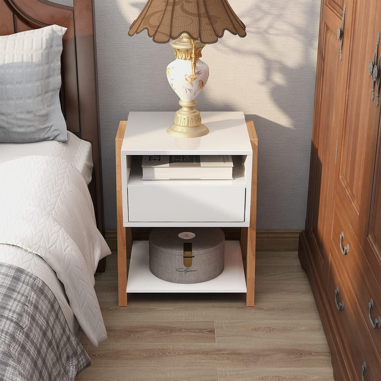 White Nightstand Set of 2 with Drawer Storage Shelves for Bedroom, Living Room, and Office