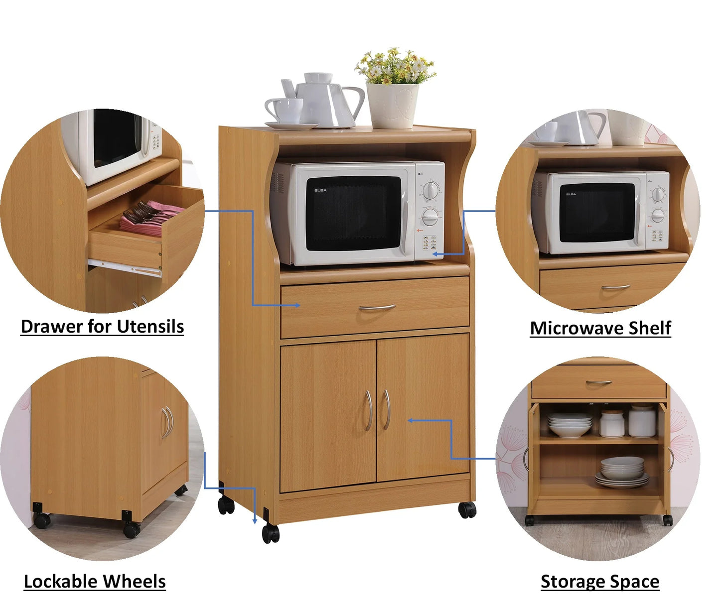 Beech Microwave Kitchen Cart