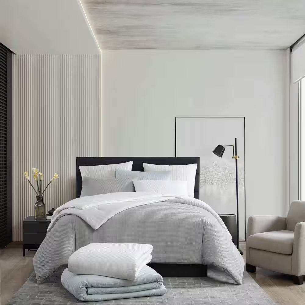Waffle Pique 3-Piece Grey Solid Cotton Queen Comforter Set