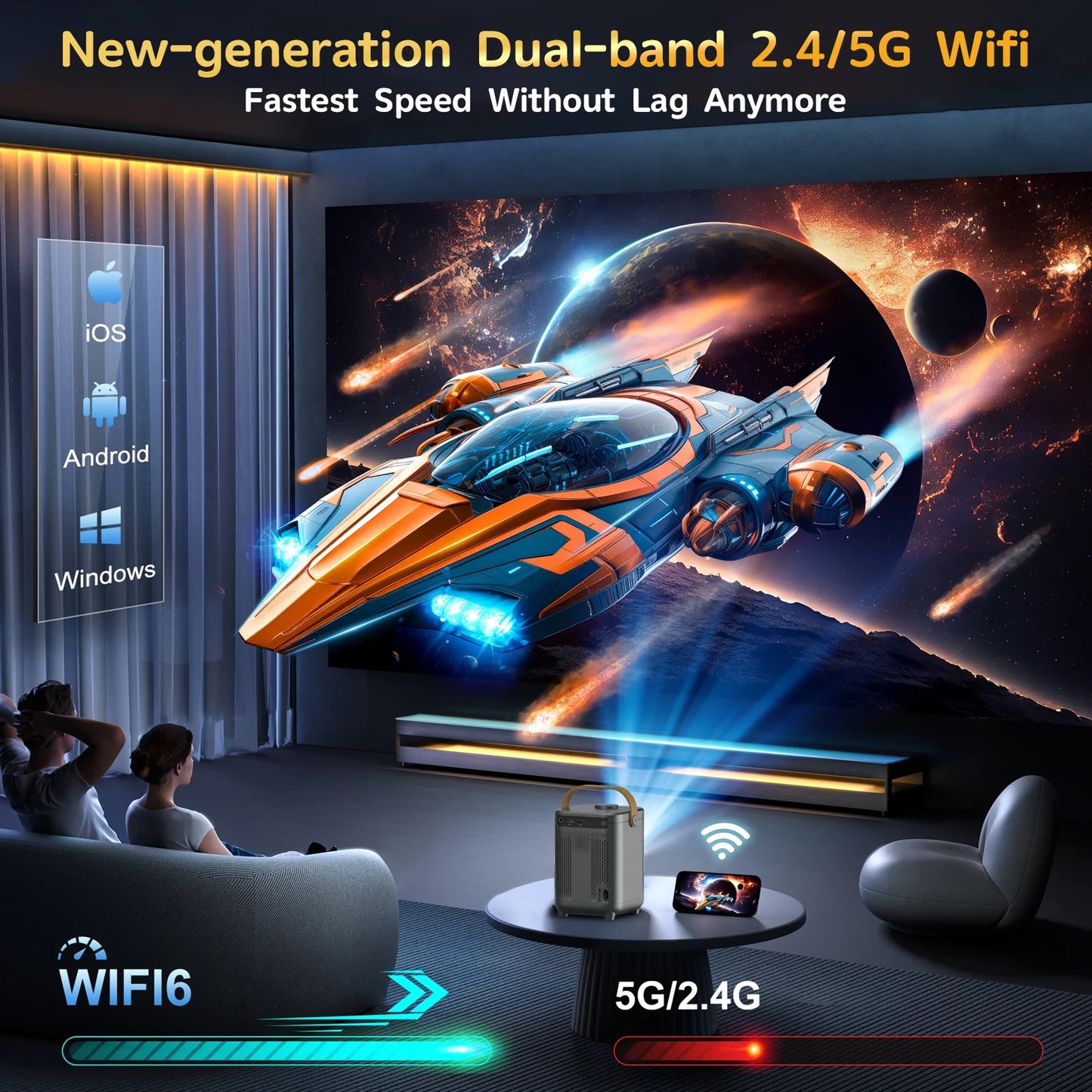 1080P Portable Projector with WiFi and Bluetooth Connectivity